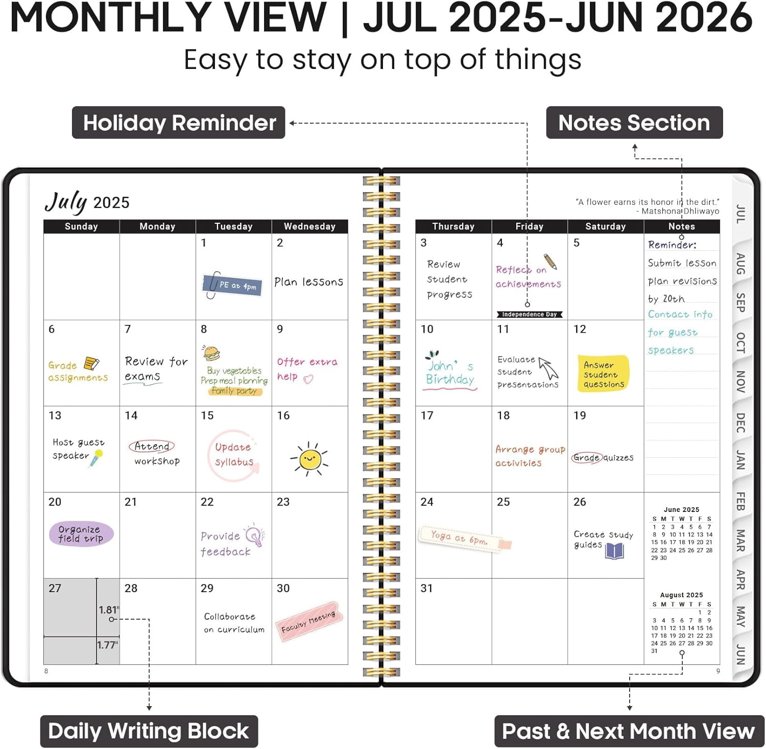 Academic Planner 2025-2026, Weekly and Monthly Calendar Planner Book, July 2025 – June 2026, Hardcover Organizer with Tabs, Perfect for Teachers, Students, Women & Men, A5 (6.4" x 8.5") - Pink