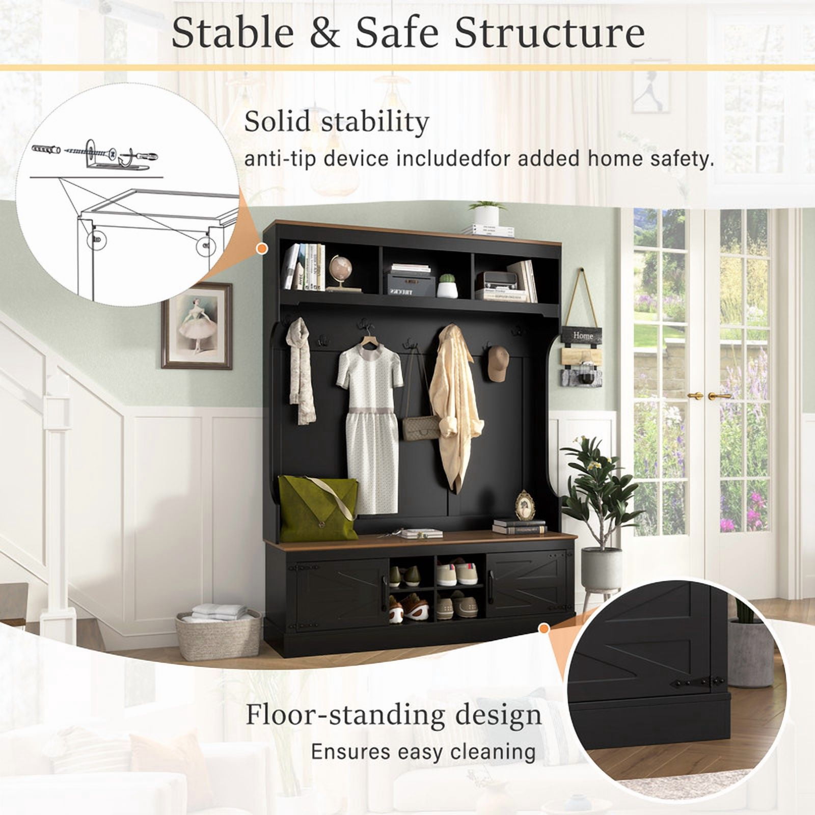 5-in-1 Farmhouse Hall Tree Bench and Shoe Storage, Entryway Storage Organizer Cabinet with Coat Rack,4 Shoe Cubbies & 7 Hooks for Hallway, Entryway, Living Room