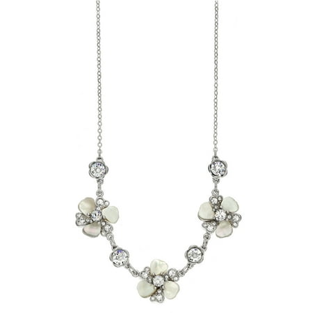 X & O Swarovski Patina Crystal and Mother of Pearl Rhodium-Plated Three-Station Flower Necklace