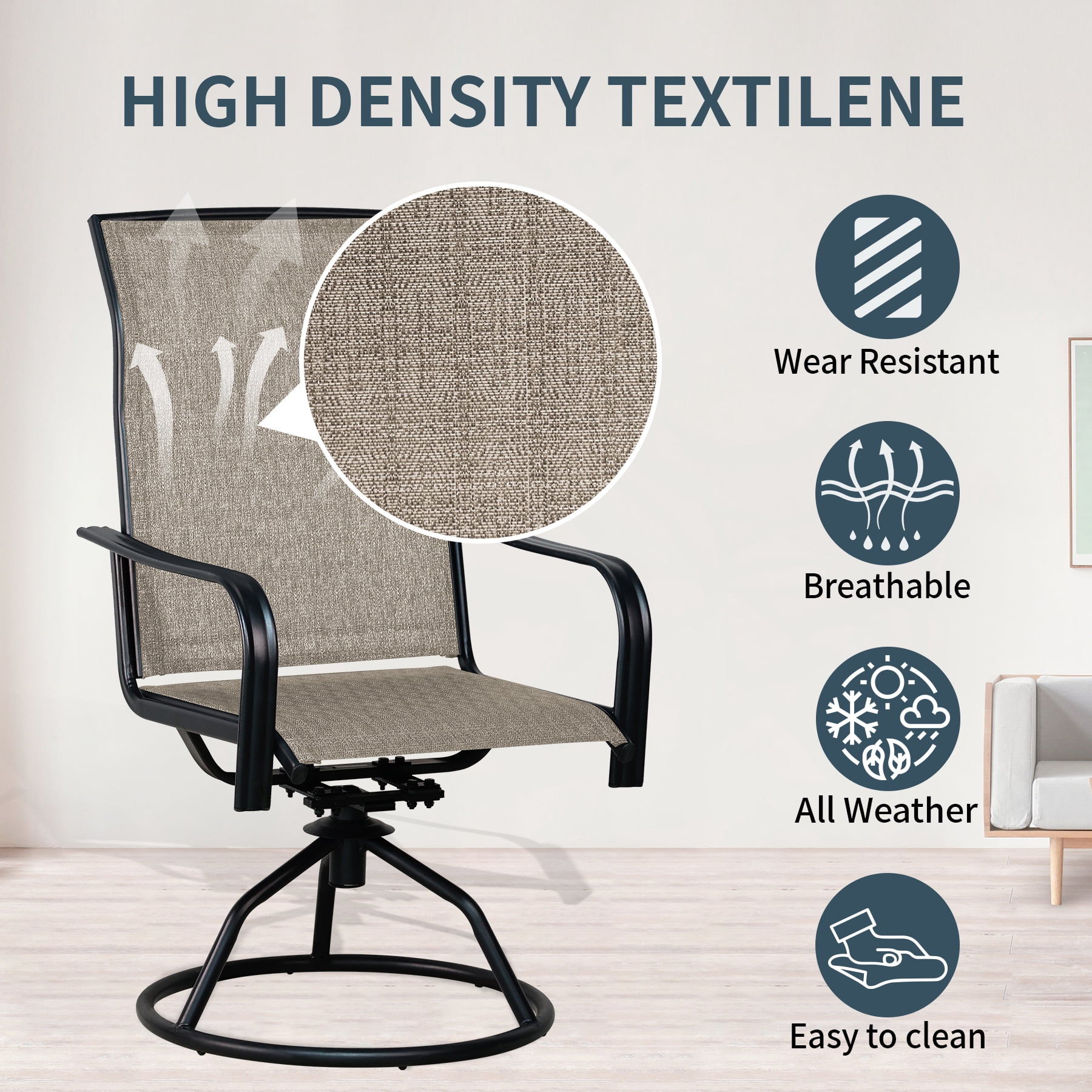 Set of 2 Patio Swivel Dining Chairs: 360° Rotating & 15° Rocking Motion, Ergonomic High-Back with All-Weather Textilene Fabric & Iron Frame for Backyard, Poolside, Porch & Garden