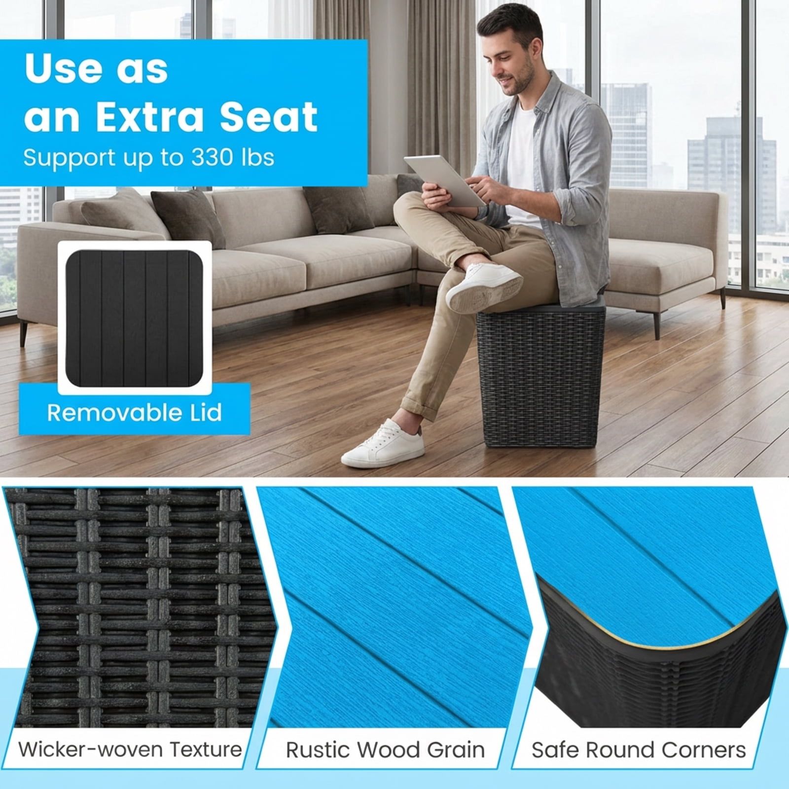 Furnibear Outdoor Side Table with Storage, Modern Wicker Resin Accent Table with Removable Lid, Waterproof Patio Furniture for Porch, Pool, and Garden, Black