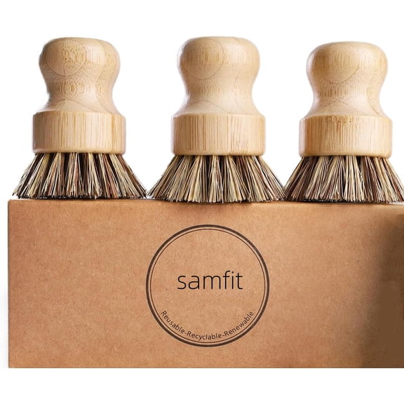 Natural Bamboo Dish Brush Set, 3 Pack Kitchen Palm Pot Scrub Brushes with Union Fiber, Eco Friendly Scrubber for Cleaning Pots, Pans, Sinks, Woks, Vegetables