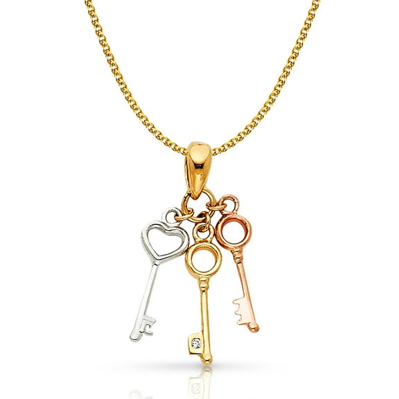 14K Tri Color Gold Key to My 3 Triple Variety Key Charm Pendant with 1.2mm Flat Open Wheat Chain Necklace - 16"