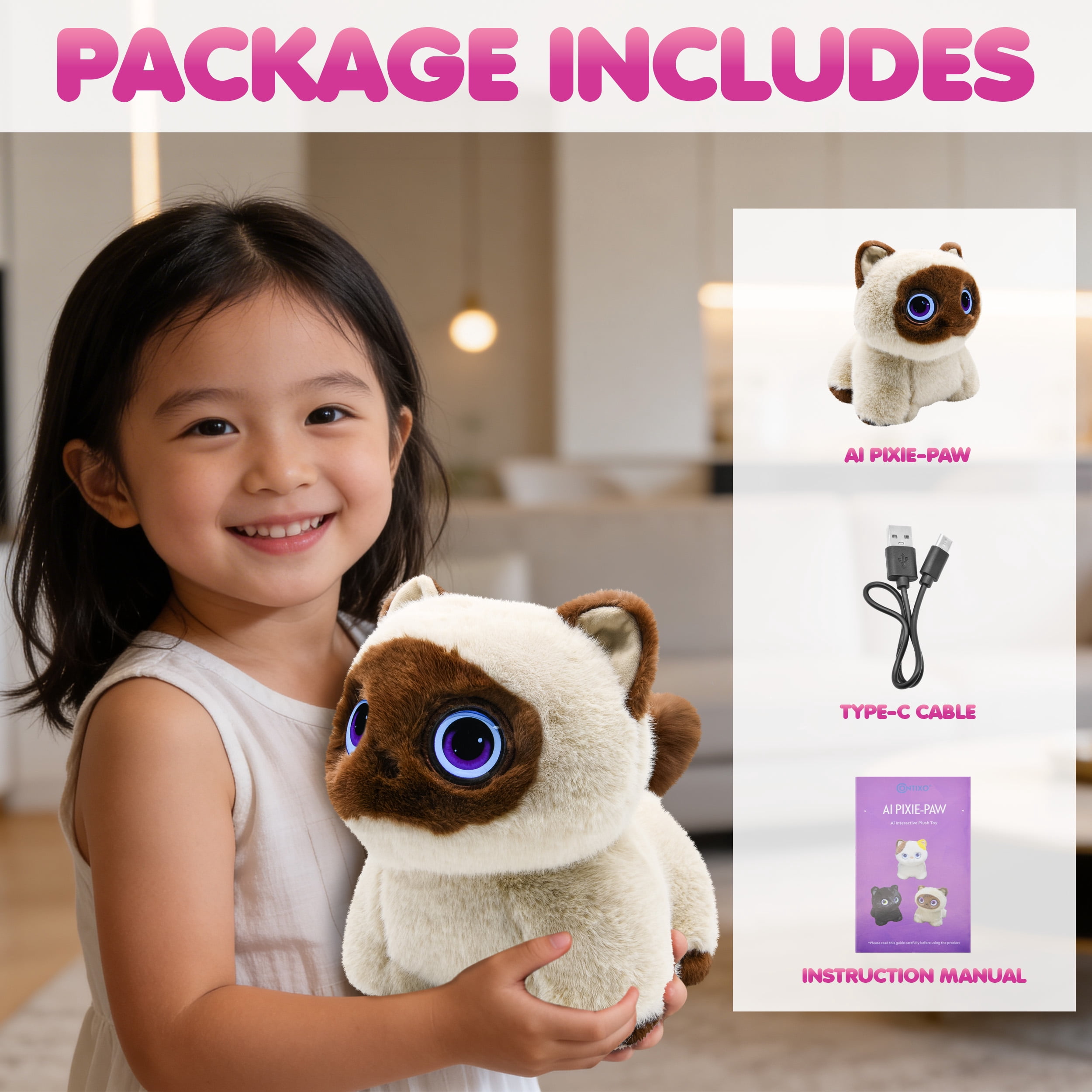 AI Pixie Paw Smart Interactive Plush Cat Voice Responsive Touch Activated Expressive Eyes AI Companion Stuffed Animal for Kids and Pet Lovers, Brown