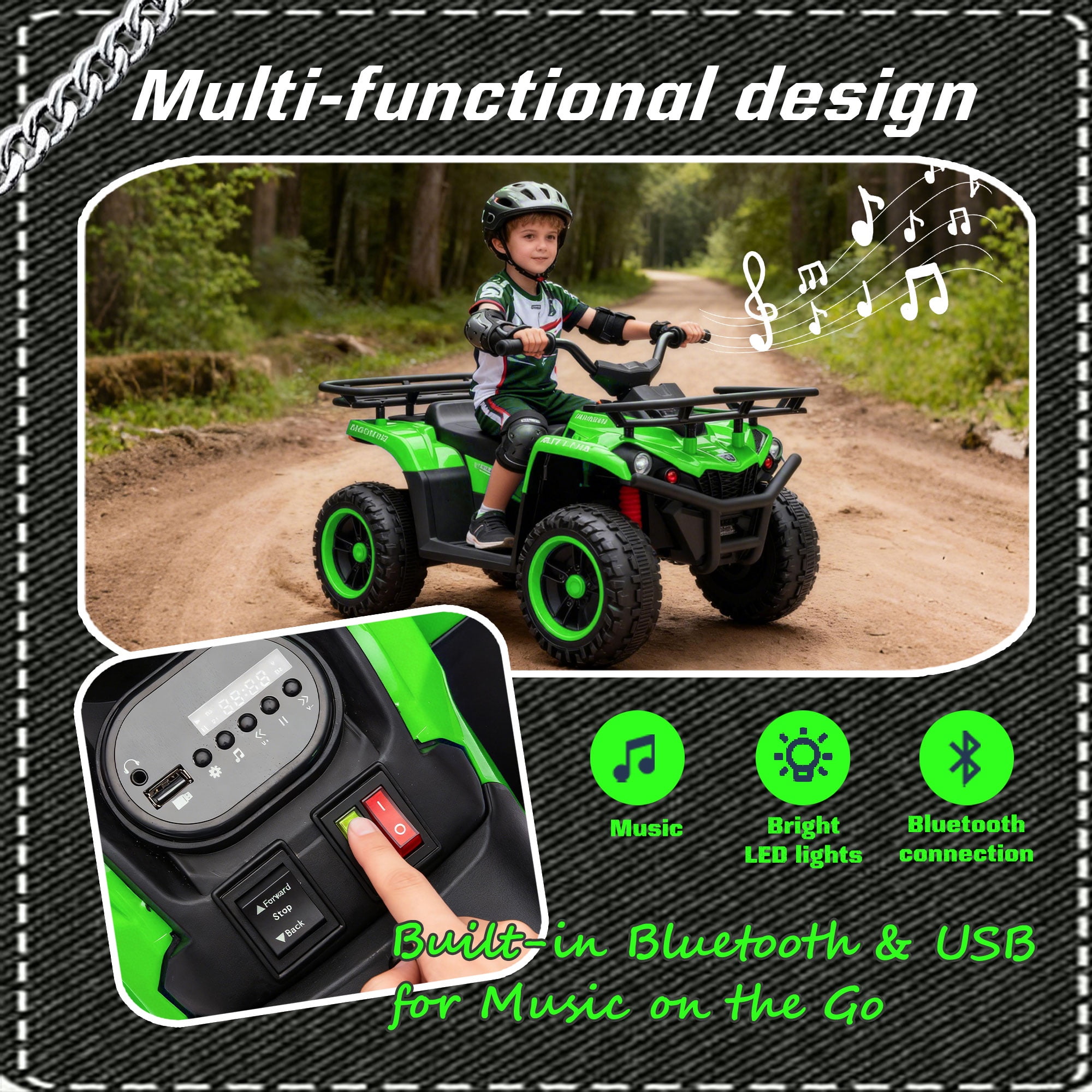 iYofe 24V Big Kids Ride on ATV Quad, Electric 4 Wheeler for Kids 3-6 with Battery Display, Anti-Slip Tires, LED Headlights, Bluetooth, MP3, Storage Racks, Gifts for Birthday & Christmas, Green