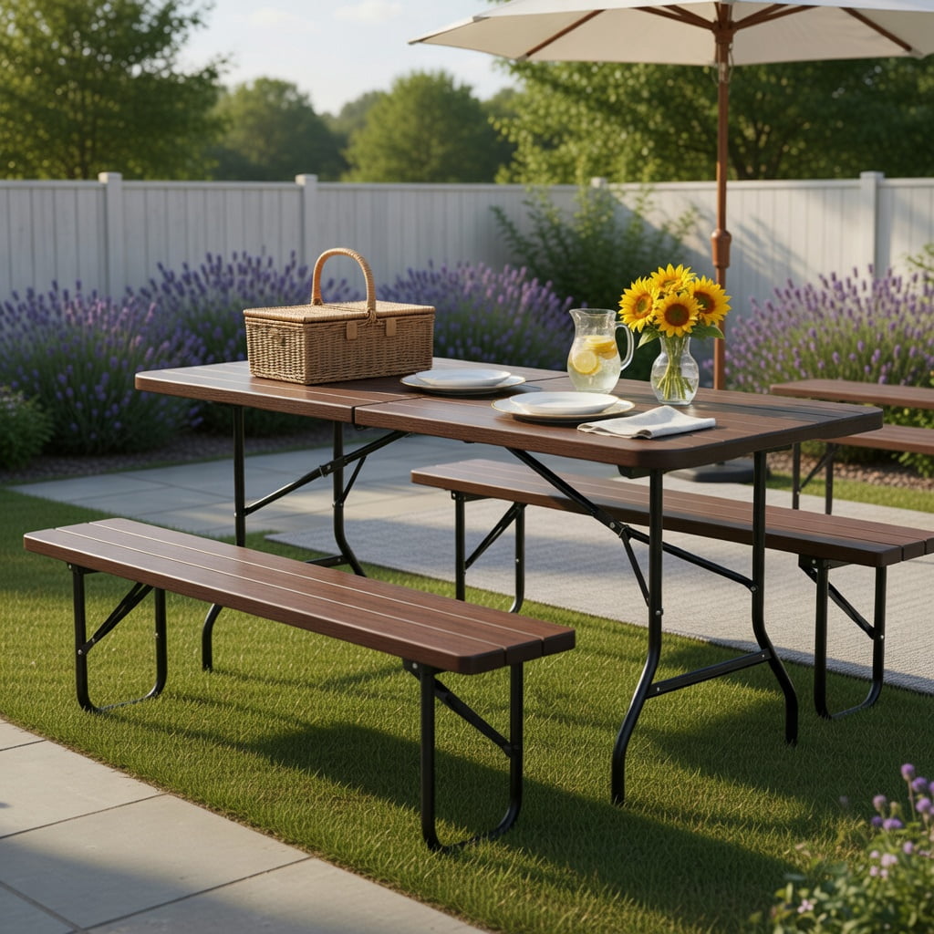 Hommoo 6 ft Folding Picnic Table with Weatherproof Wood-Grain HDPE Top, Heavy-Duty Metal Frame, Coffee