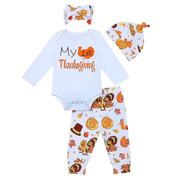 My First Thanksgiving Outfit Newborn Baby Girl Long Sleeve Romper Tops Pants Hat Headband Clothes Set 4pcs Walmart Com Walmart Com