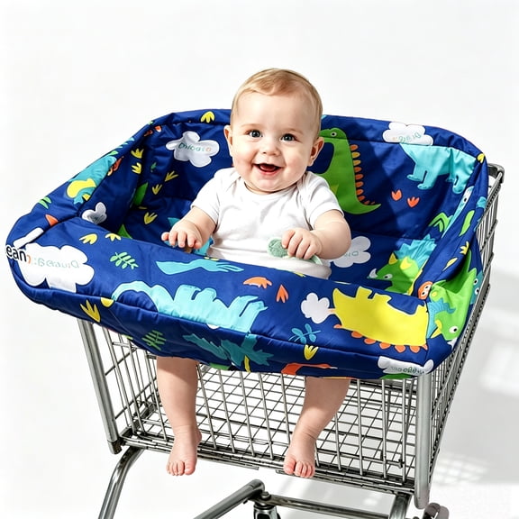 Pozico 2-in-1 Infant Shopping Cart Cover and High Chair Liner, Blue Dinosaur Pattern, Padded with Storage Pocket