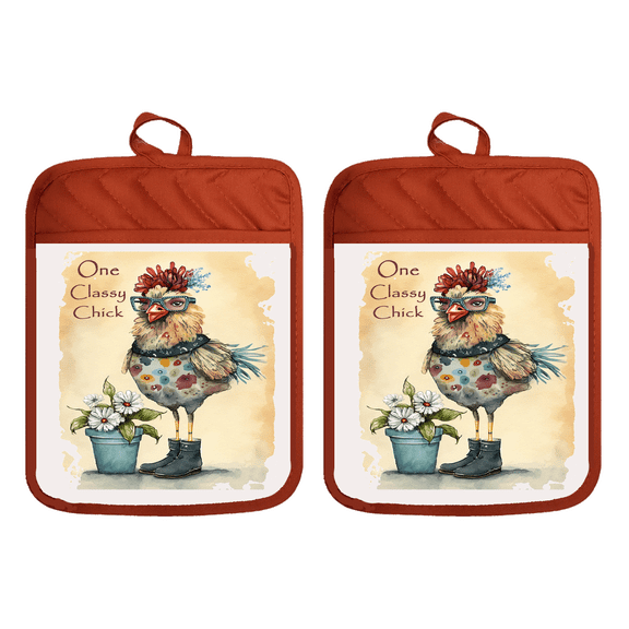 Set of 2 Pot Holders Oven Mitts Hot Pads 100% Cotton One Classy Chick Chicken Farm Kitchen DZ0358DPH (Orange)