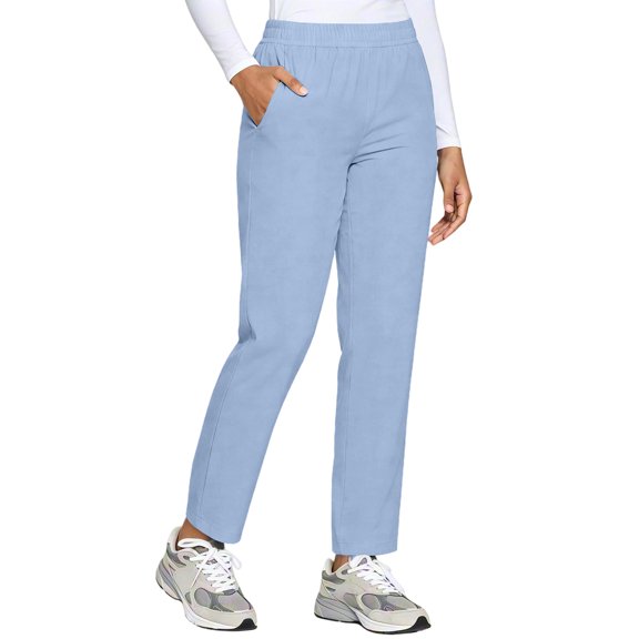 Women's Pull On Straight Leg Cropped Pants Elastic Waist Solid Color Casual Ankle Length Trousers with Side Pockets S