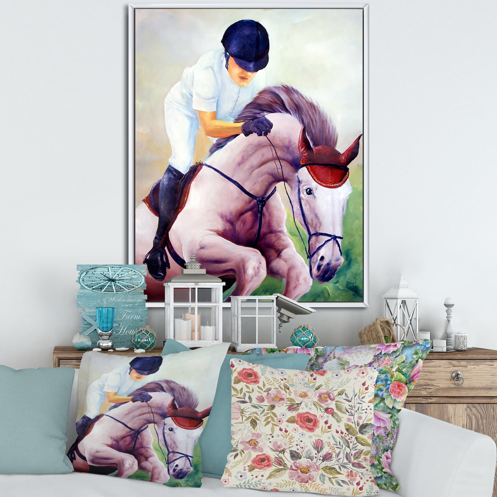Designart 'Jockey On Galoping Pink Horse' Farmhouse Framed Canvas Wall Art Print