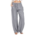 thumbnail image 2 of Linen Pants Women High Waisted Flowy Lounge Palazzo Pants Baggy Straight Leg Cotton Trousers Vacation Beach Trousers Light Gray 3XL, 2 of 8