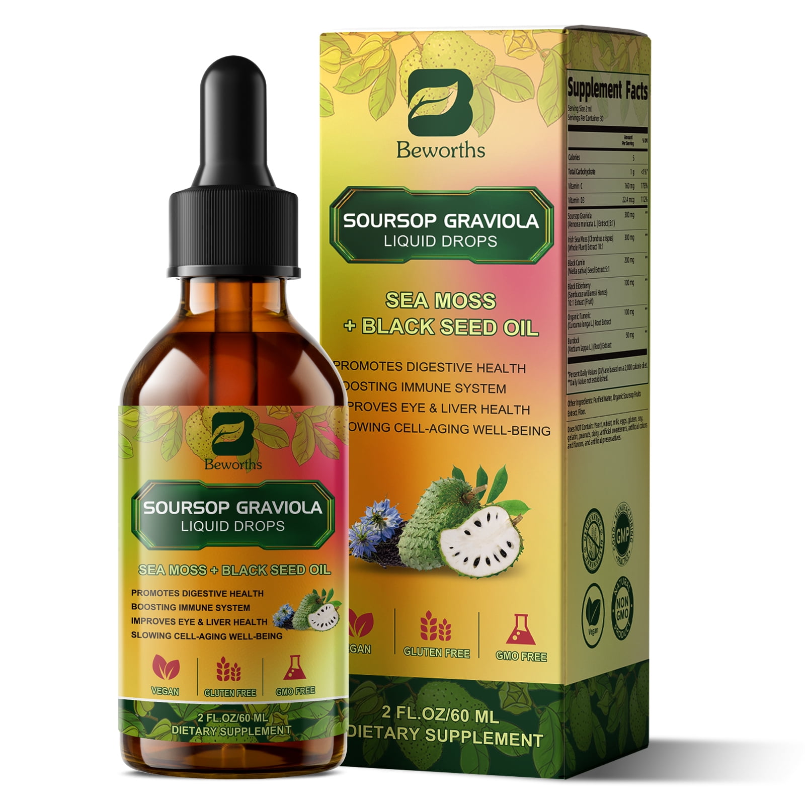 B Beworths High Absorption Soursop Graviola Liquid Drops – Immune & Digestive Support Complex, 2 fl oz, 30 Servings