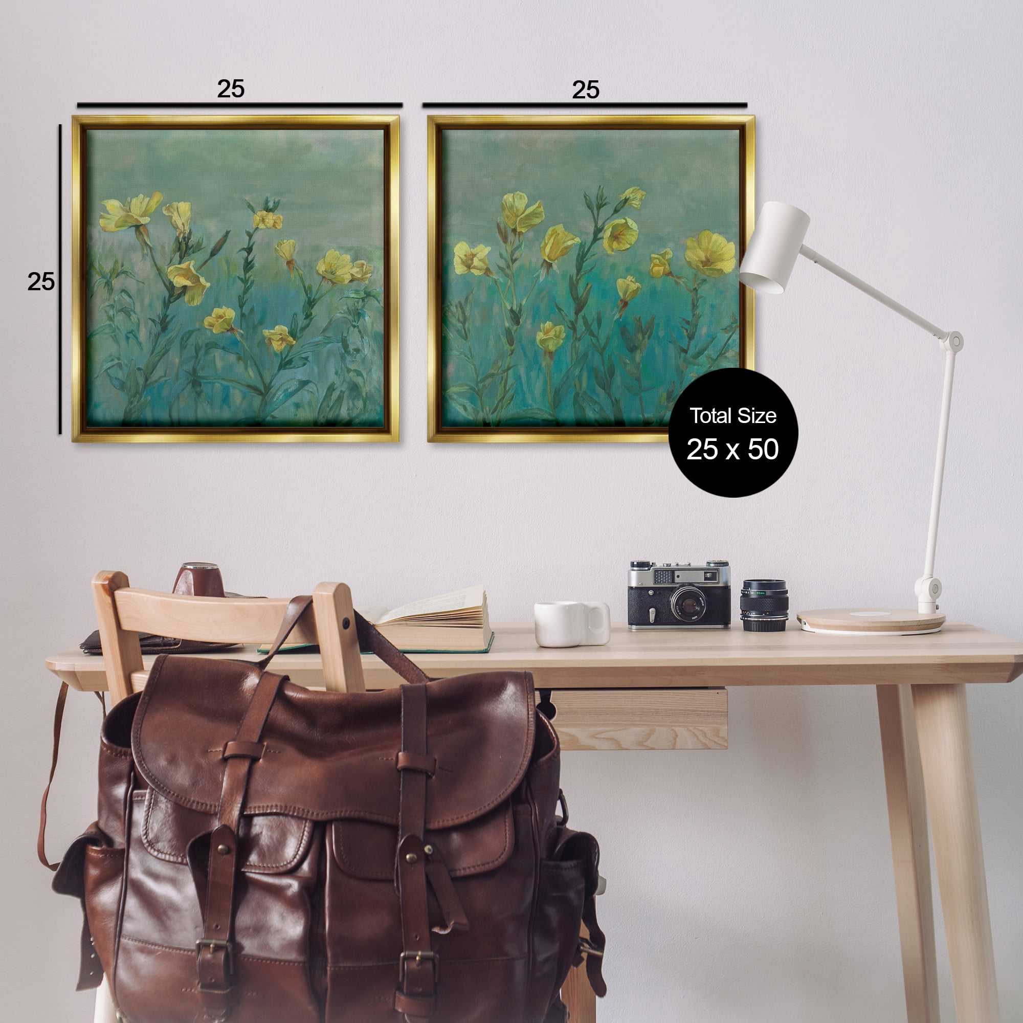 Stupell Industries Evening Primrose Flower Unfurling Plants & Flowers Painting Gold Floater Framed Canvas Art Print Wall Art, 25 x 25, Set of 2