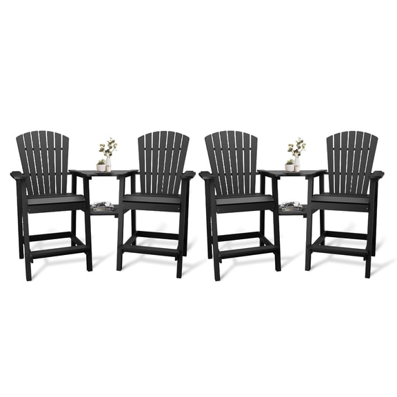 Weather Resistant Recycled Poly Adirondack Barstools Set of 2, outdoor patio high back chairs with connecting tray, durable stylish bar height design for deck patio balcony backyard