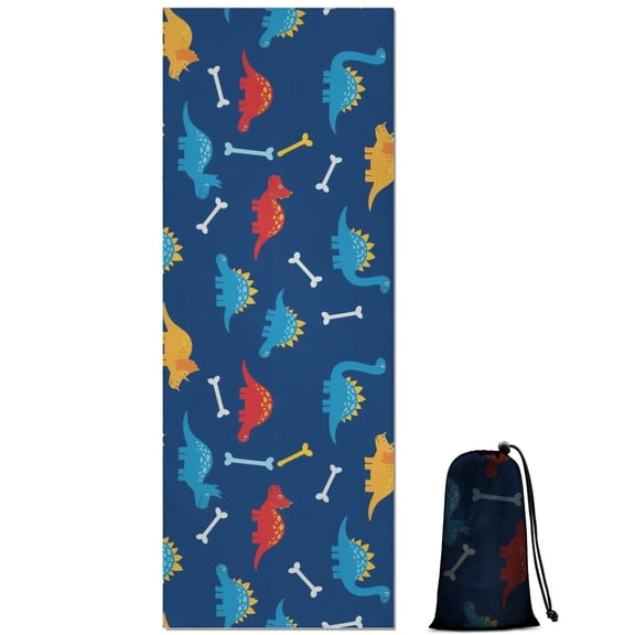 DarkBlue Cartoon Dinosaurs Bones Pattern Hot Yoga Mat Towel Non Slip for Hot Yoga - Quick-Drying Yoga Mat Cover with 4 Corner Pockets with Travel Bag - Hot Yoga Towel Non Slip 70"x26"