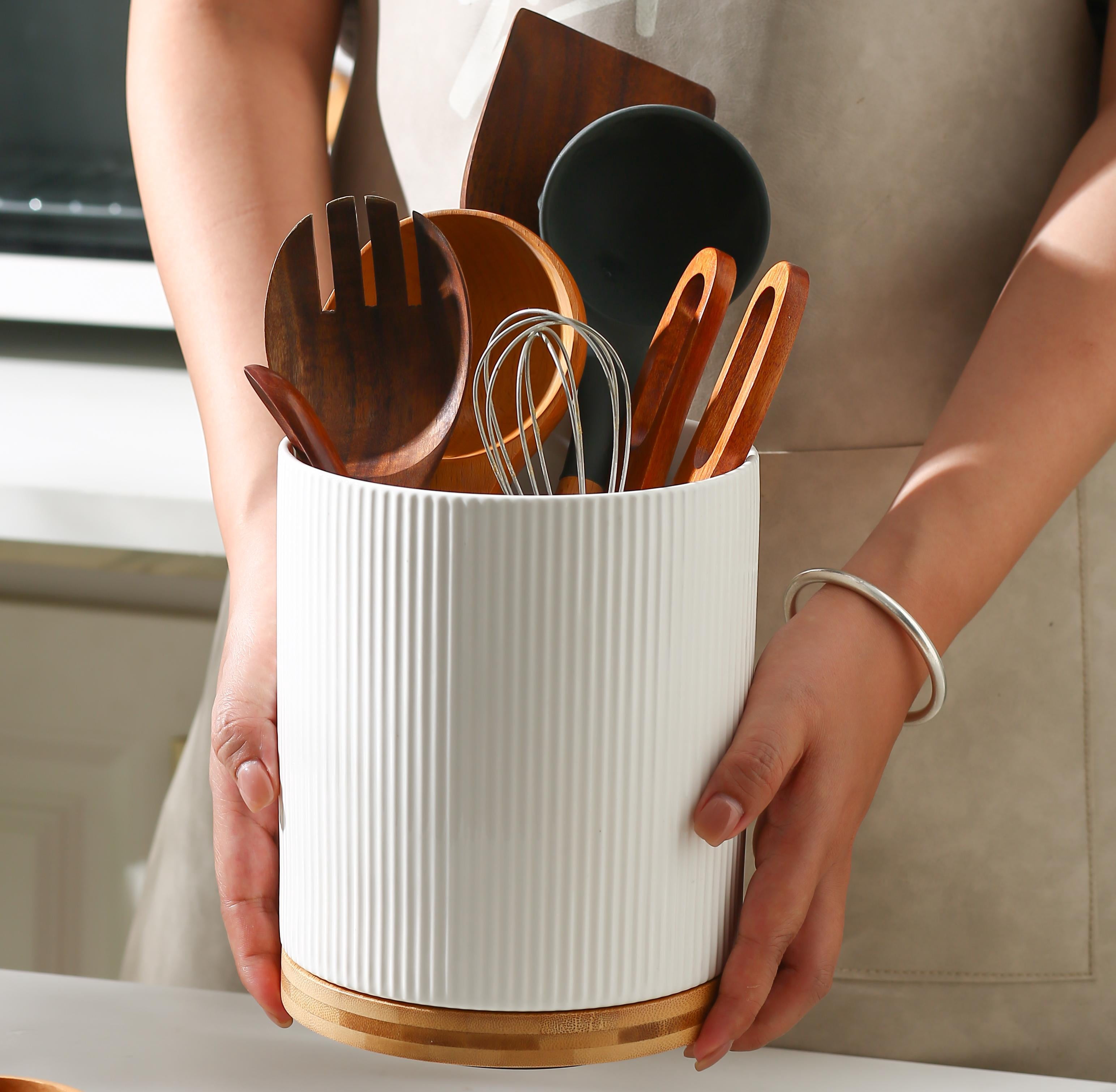 KSENDALO   360° Rotating Large  Ceramic Utensil Holder(7.76" Tall ) for  Spatulas, Ladles, Tongs, Baking Tools for Kitchen Counter, Cream White