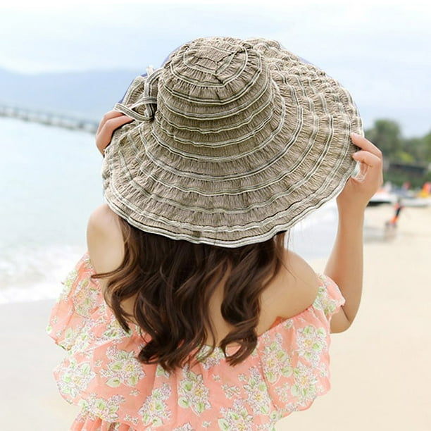 Bangcool Womens Sun Straw Hat Wide Brim Summer Hat Foldable Roll Up Floppy Beach Hats For Women Beige One Size