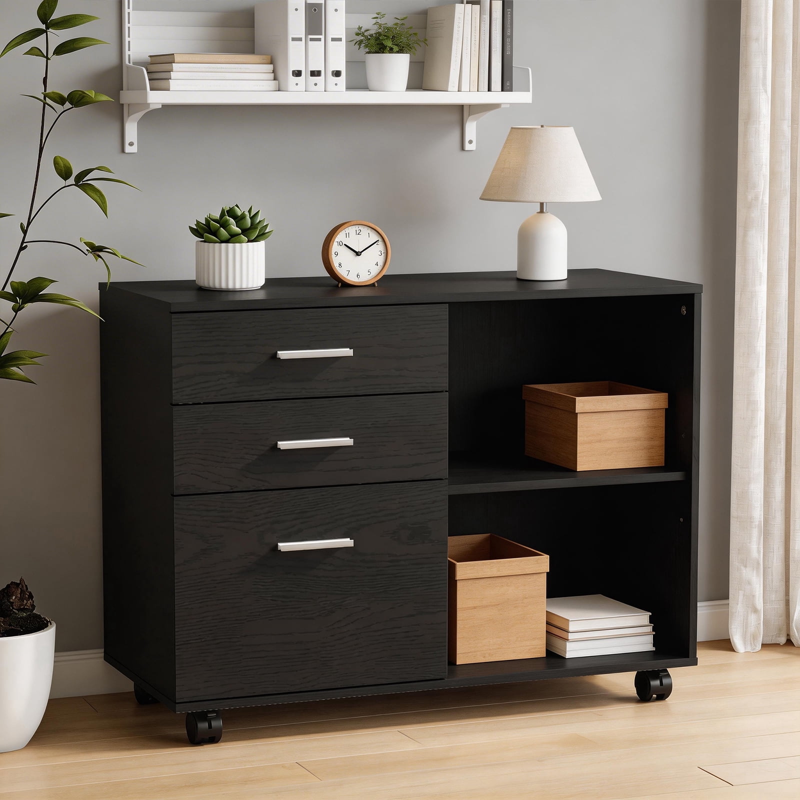 Ktaxon File Cabinet with Open Shelf, Wood Rolling File Cabinet with Open Shelves,Legal & Letter Size Black