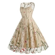 IBTOM CASTLE Women Vintage Dress 1950s Sleeveless Mesh Patchwork Cocktail Swing Dress Floral Embroidery Flare A-Line Dress Wedding Guest Evening Prom Gown XXL Apricot
