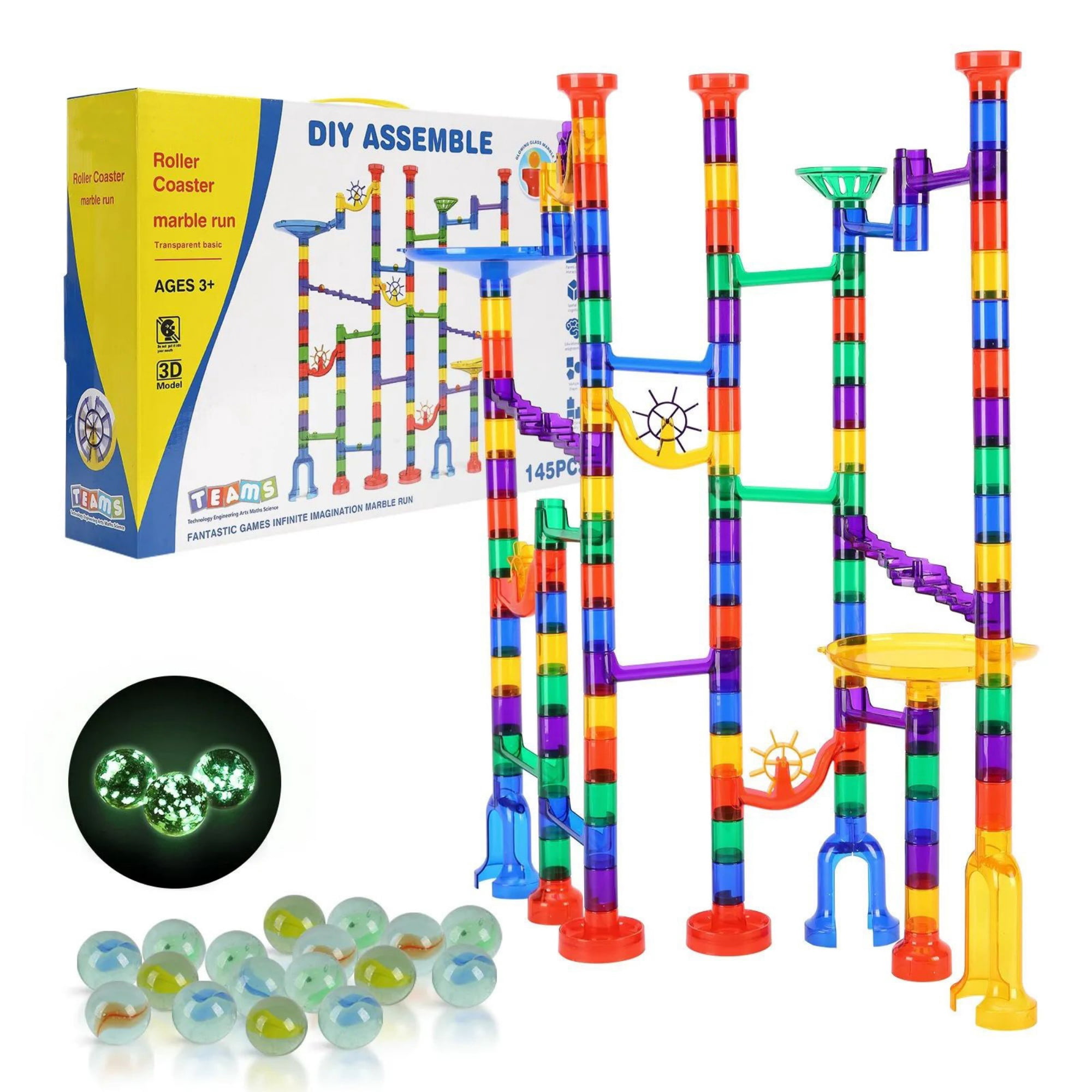 145-Piece Marble Maze Building Block Brain Game, Educational Race Track with 40 Glass & 5 Glow-in-the-Dark Marbles