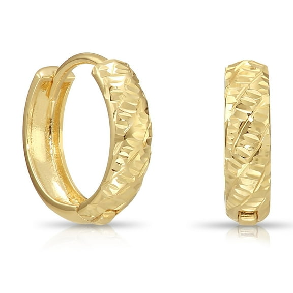 Tilo Jewelry 14K Yellow Gold Round Huggie Hoop Earrings with Diamond-Cut Engraving | 12mm Small | Dainty Everyday Earrings for Women & Unisex