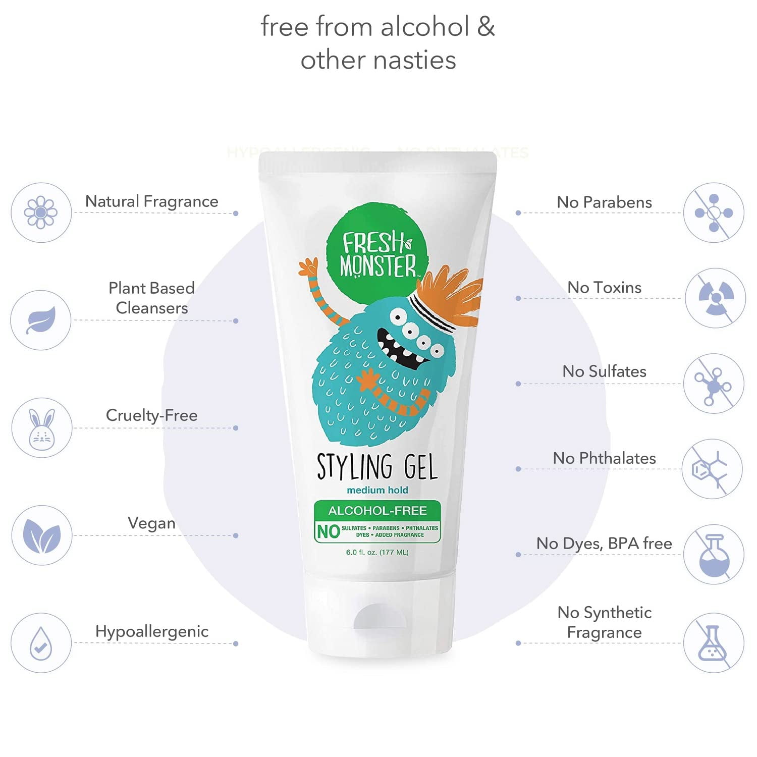 Fresh Monster Kids Hair Gel – Natural Medium Hold | Alcohol-Free, Toxin-Free | For Boys & Girls, 6oz