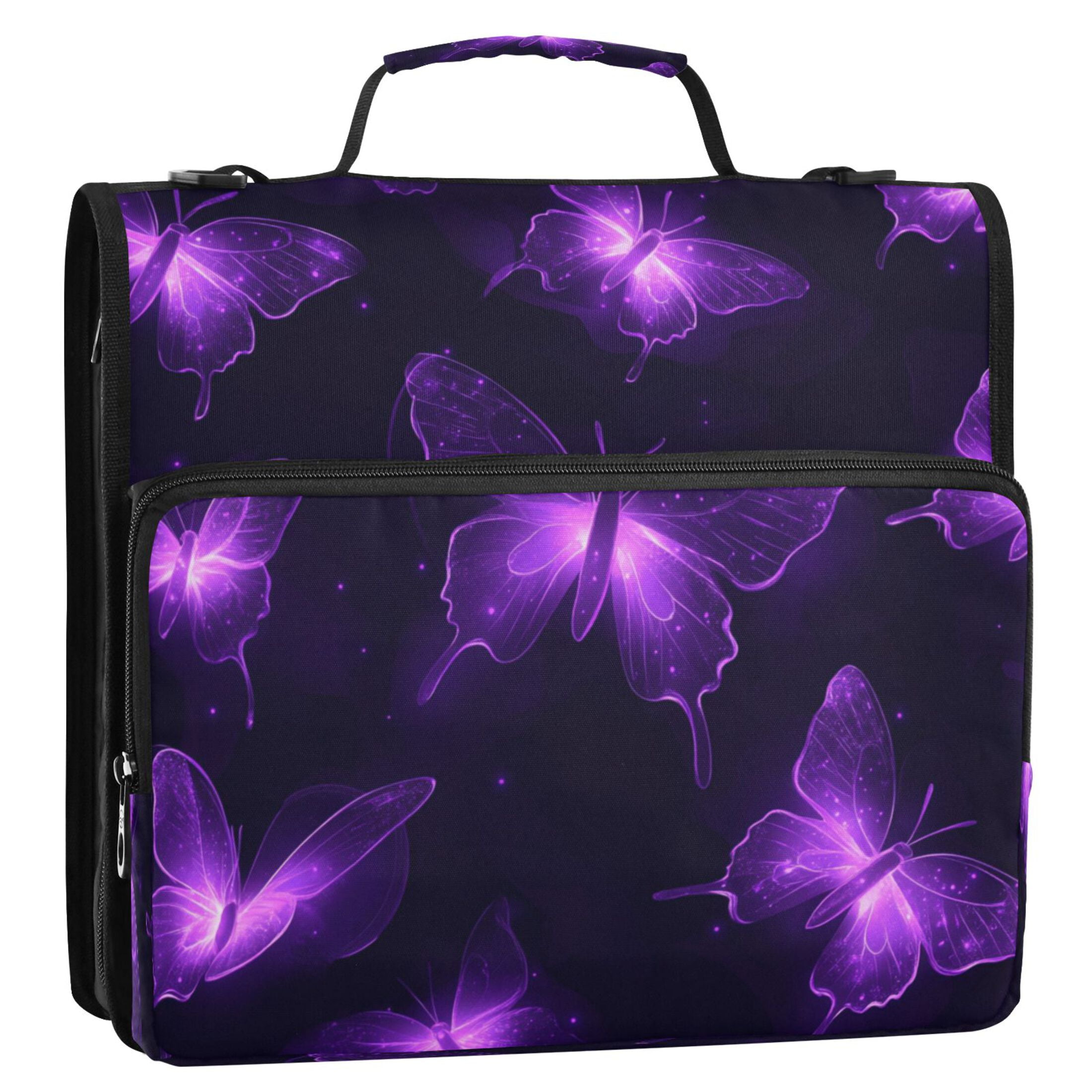 Water-Resistant 3-Ring Binder Organizer with Multiple Pockets Zipper Binder Bag for Office Glowing Butterflies Pattern