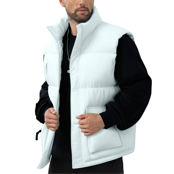 dGslk Men’s Lightweight Sleeveless Puffer Vest Stand Collar Zipper Closure Outdoor Warm Quilted Gilet with Pockets for Winter Beige L