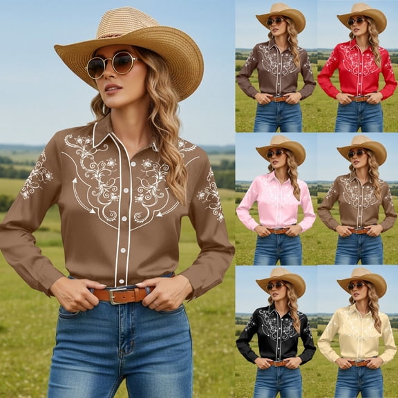 Cowgirl Shirts for Women Long Sleeve Button Down Western Shirts Floral Print Country Retro Shirt Black L