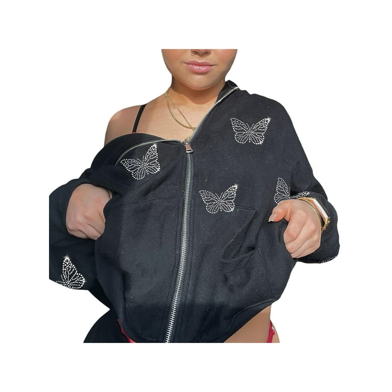 Women Butterfly Rhinestone Hoodie Zipper Sweatshirt Oversized Y2K Aesthetic  90S Streetwear