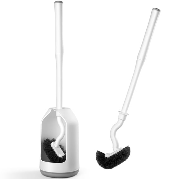 PandaGrip Curved Toilet Bowl Brush and Caddy Holder Set with Long Handle Under Rim Toilet Scrubber Bathroom Accessories White Round