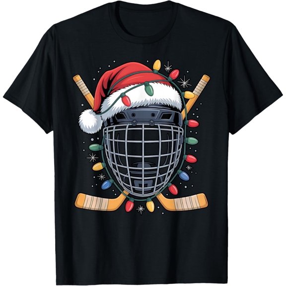 Santa Hockey Goalie Mask Christmas Lights Xmas Men Boys T-Shirt
