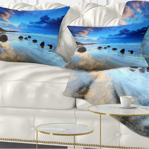 Designart Moeraki Boulders Under Cloudy Sky - Seashore Photo Throw Pillow - 12x20