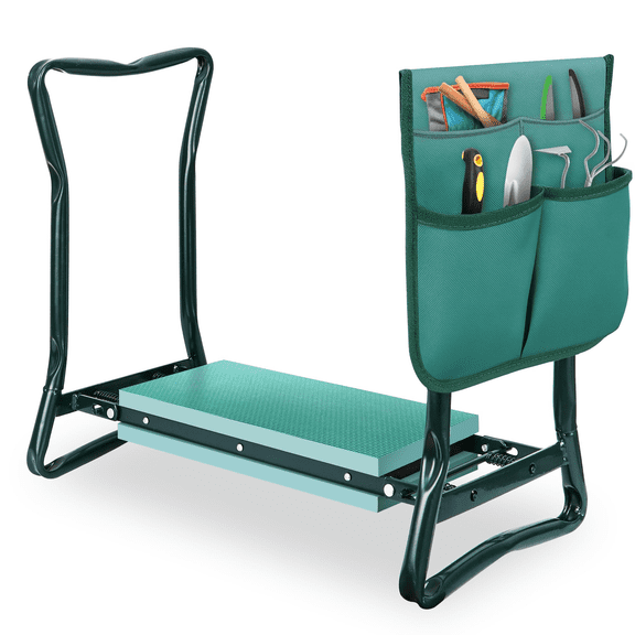 2-in-1 Foldable Garden Kneeling Bench with EVA Soft Pad & Detachable Tool Storage Bag, Portable Metal Gardening Seat Chair for Outdoor Yard Lawn Work