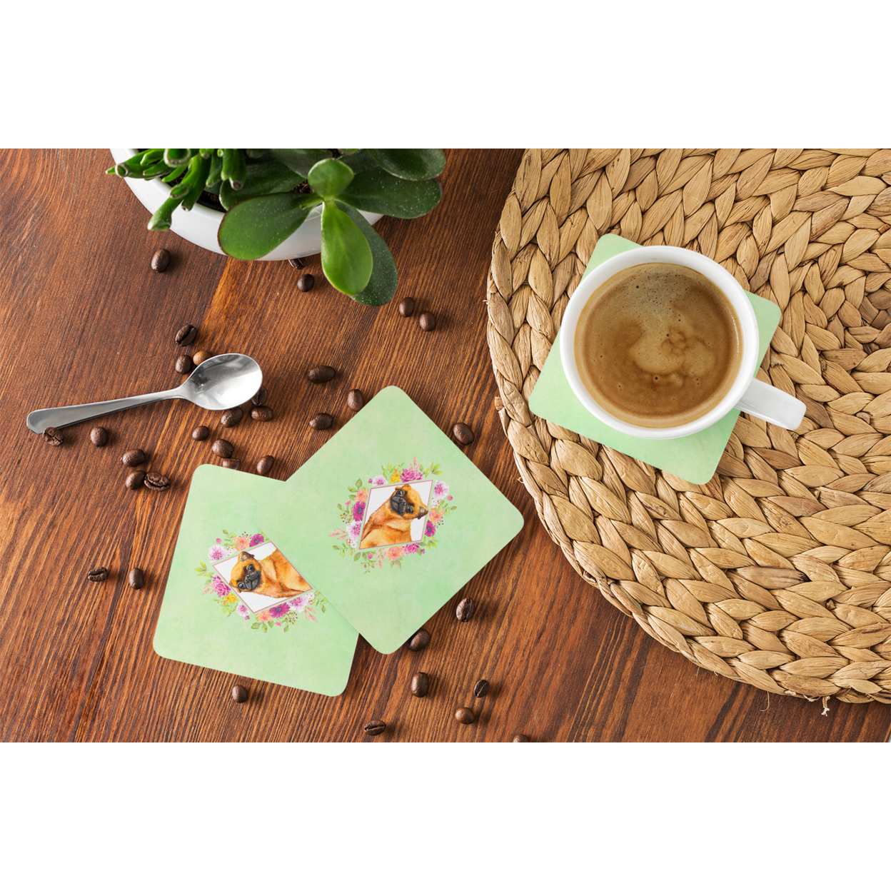 Carolines Treasures CK4345FC Brabant Griffon Green Flowers Foam Coaster Set of 4 3 1/2 x 3 1/2 multicolor