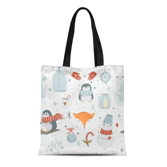 NUDECOR Canvas Bag Resuable Tote Grocery Shopping Bags Winter and Christmas Bright Cute Penguins Snowman Cup of Hot Chocolate Fox Tote Bag