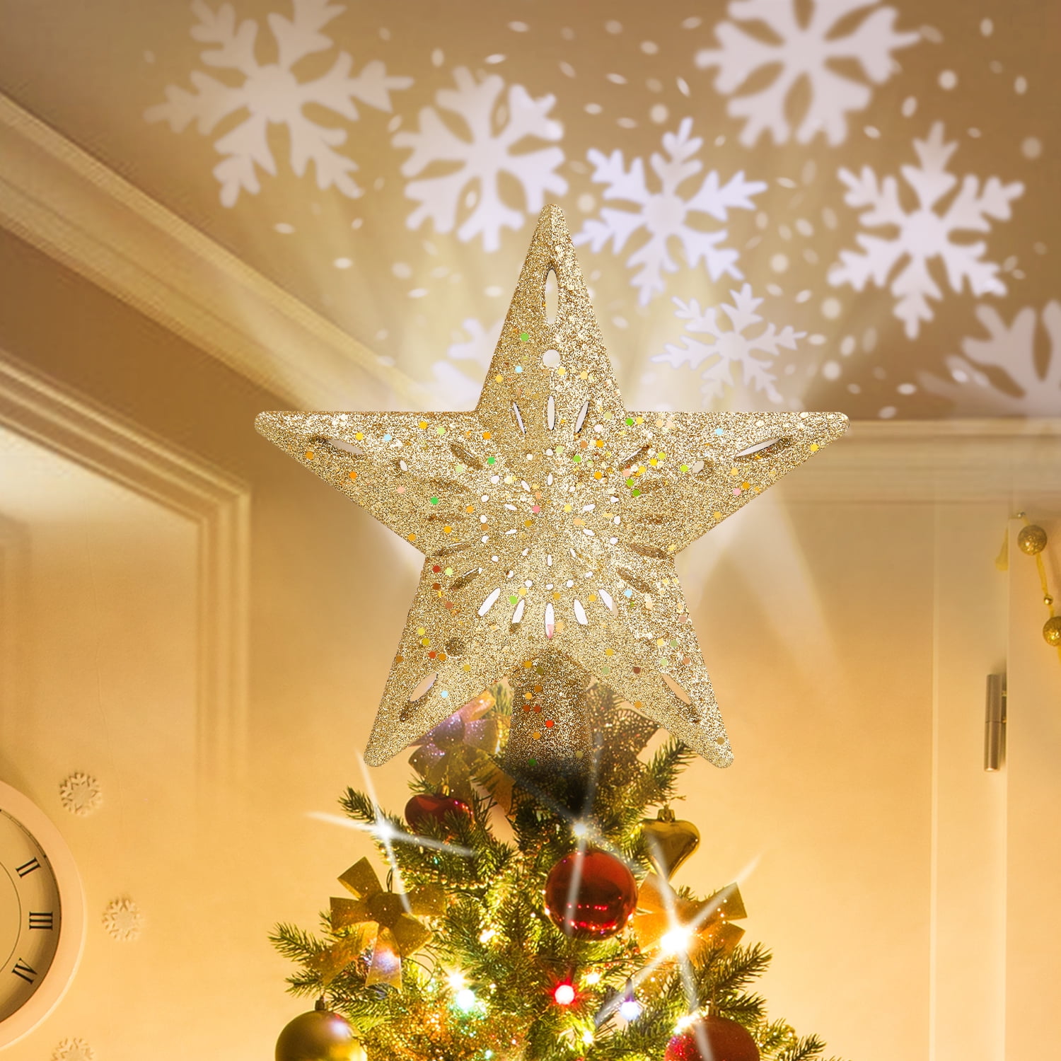 Christmas Tree Topper Lighted Star Projector Glitter Lighted Silver