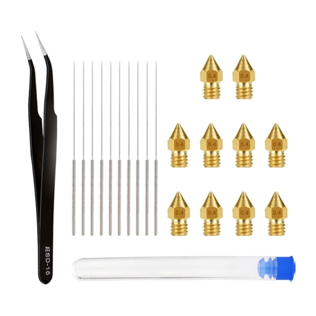 0.4MM 10 piezas de boquillas de latón flexible con agujas de limpieza con pinzas Accesorios de agujas de material acero inoxidable para impresora 3D Jinwen Boquillas extrusores de latón