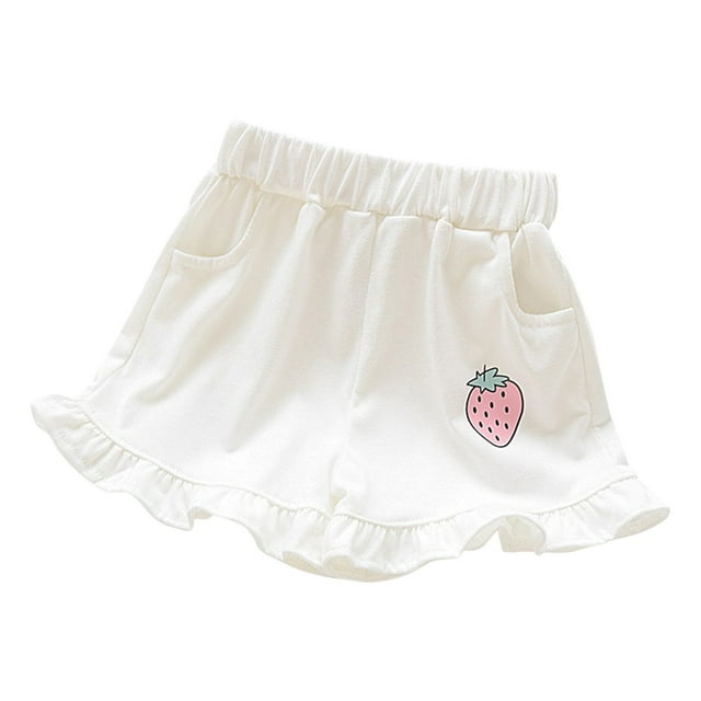 Odeerbi 3-15 Años Niñas Pantalones Cortos de Algodón de Verano Fresa Impresa Ruffle Pantalones Cortos Deportivos Con Bolsillo