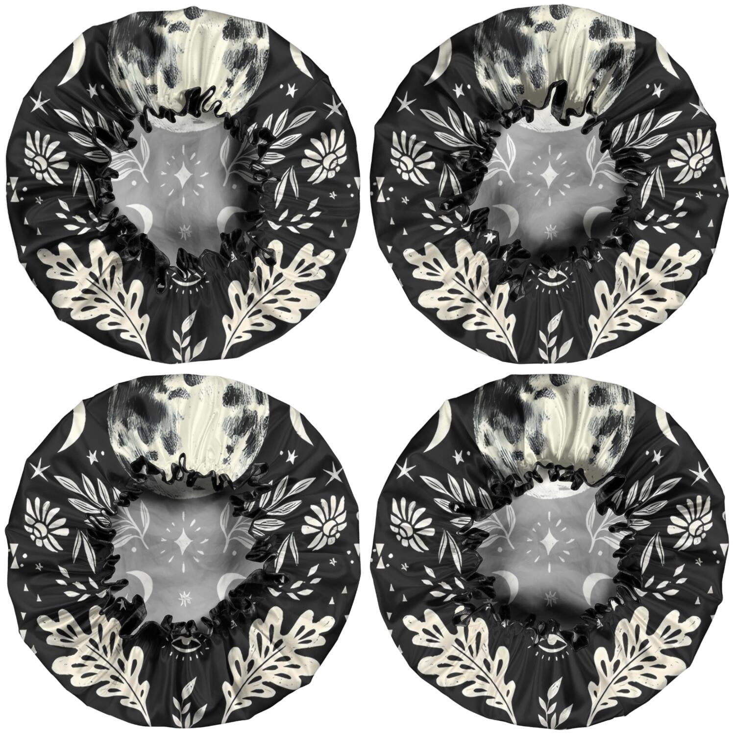 Shower Caps,Black Gothic Moon Flower Star Pattern Waterproof Shower Cap for Women 4 Pieces,Double Reusable Hair Cover for Shower PEVA Elastic Stretch Hem