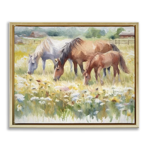 Stupell Industries Rustic Lodge Grazing Horses in Meadow Gold Floating Frame Canvas Art, 31 x 25, by Ramona Murdock