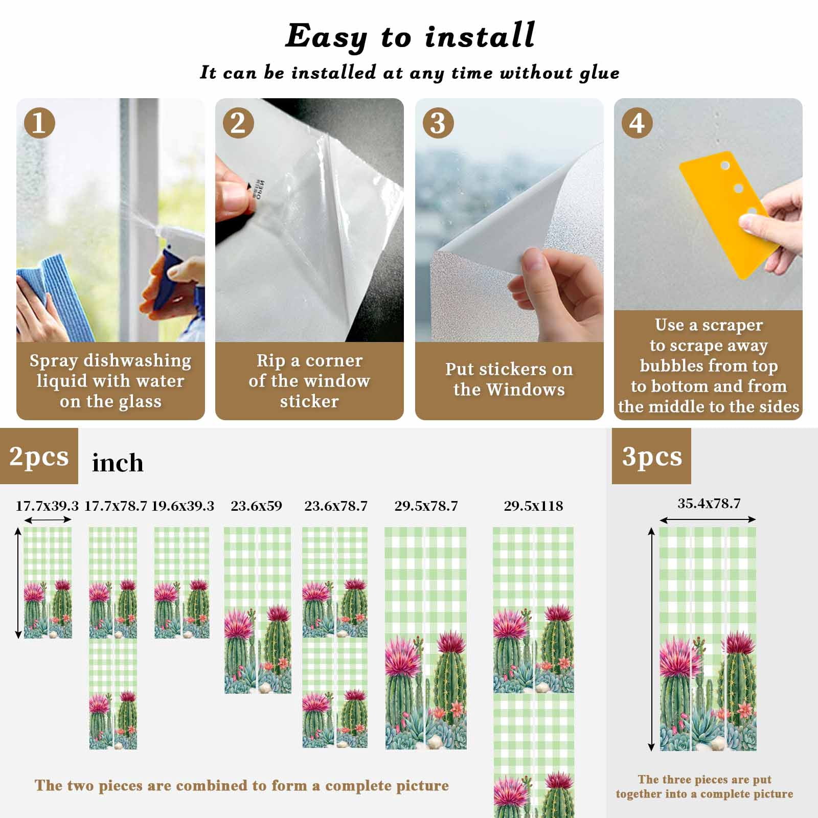 Summer Botanical Window Privacy Film, Tropical Saguaro Opuntia Cactus Green Stripes Frosted Glass Window Clings Static Cling UV Heat Blocking Reusable Door Sticker for Bathroom 23.6 x 59 Inch
