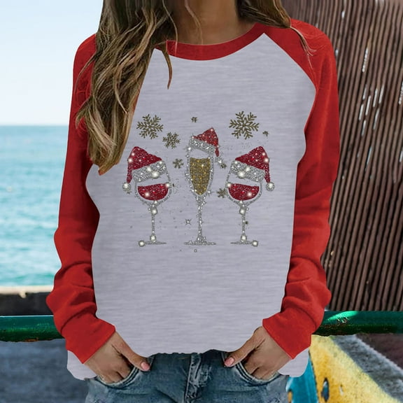 Azrian Women's Spring Patchwork Christmas Printed Long Sleeves Round Neck Casual Tee Tops