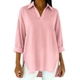 thumbnail image 2 of Women's Plus Size 3/4 Sleeve V-Neck Top, Elegant Lapel Casual Blouse with Side Slit, Loose Fit Tunic for Office Work, Everyday Wear and Casual Outfits Pink S, 2 of 4