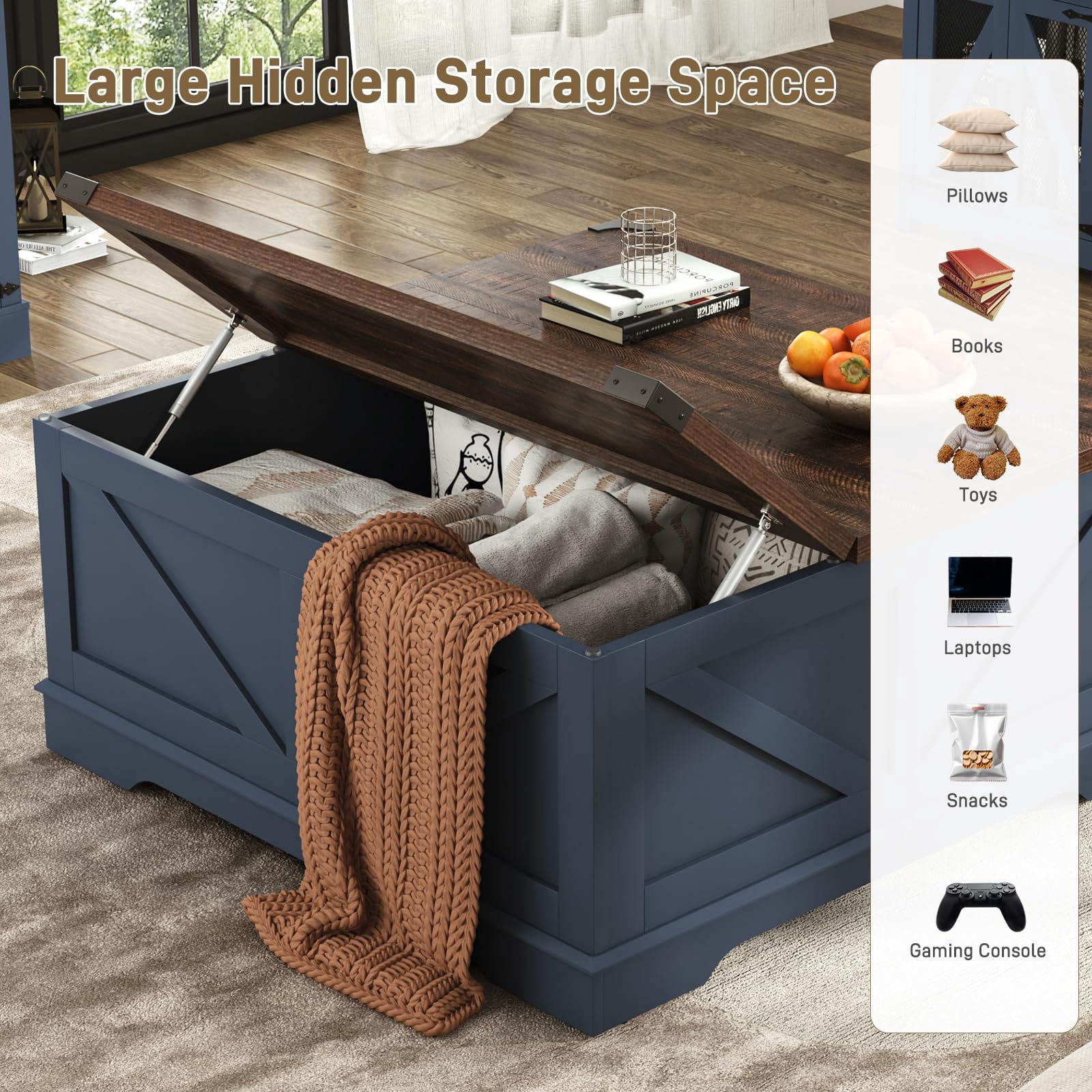 ChVans 40" Large Farmhouse Lift Top Coffee Table with Power Outlets, Square Wood Living Room Table with Large Hidden Storage, Multi-Function Lift Wooden Barn Door Center Table, Rustic Blue
