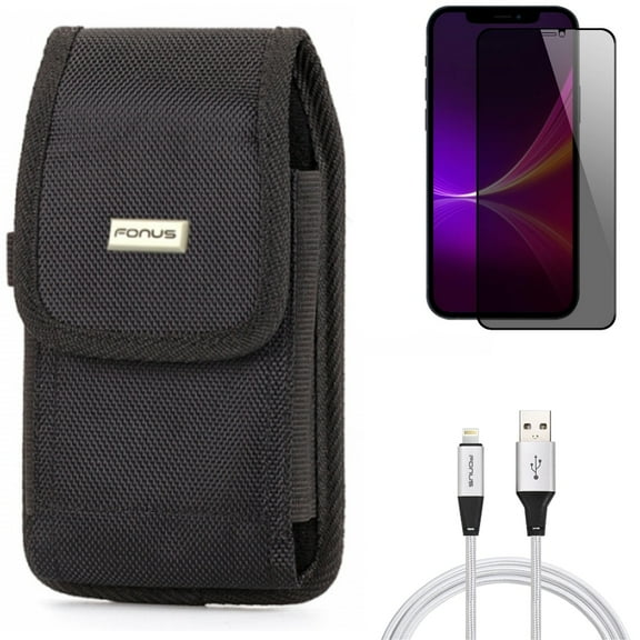 10ft USB Cable & Privacy Screen Protector & Case Belt Clip for iPhone 13 Pro Max ONLY - Charger Cord Power Wire   Tempered Glass Curved Anti-Spy   Swivel Holster Rugged Combo
