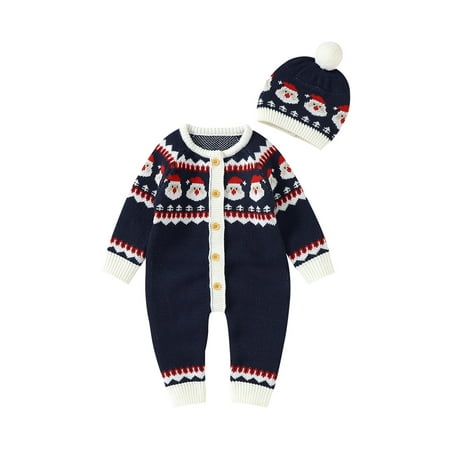 

Wassery Christmas Infant Baby Knitted Snowflower 2PCS Winter Outfits Long Sleeve Button Down Knitted Romper + Beanie Hat Set