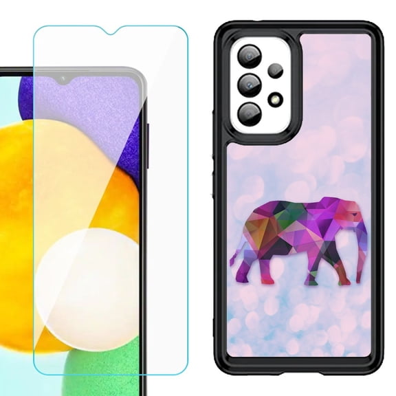 Shockproof Bumper (Black Frame) phone Case for Samsung Galaxy A23 5G, with Tempered Glass Screen Protector, by OneToughShield ® - Elephant /Polygon