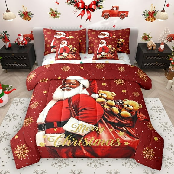 Homewish Santa Claus 7-Piece Twin Bedding Sets for Teens Boys Girls,Christmas Snowflake Bedding Comforter Set,Xmas Festival Gifts Breathable Sheet Sets,Luxury Bedroom Decor,Reversible